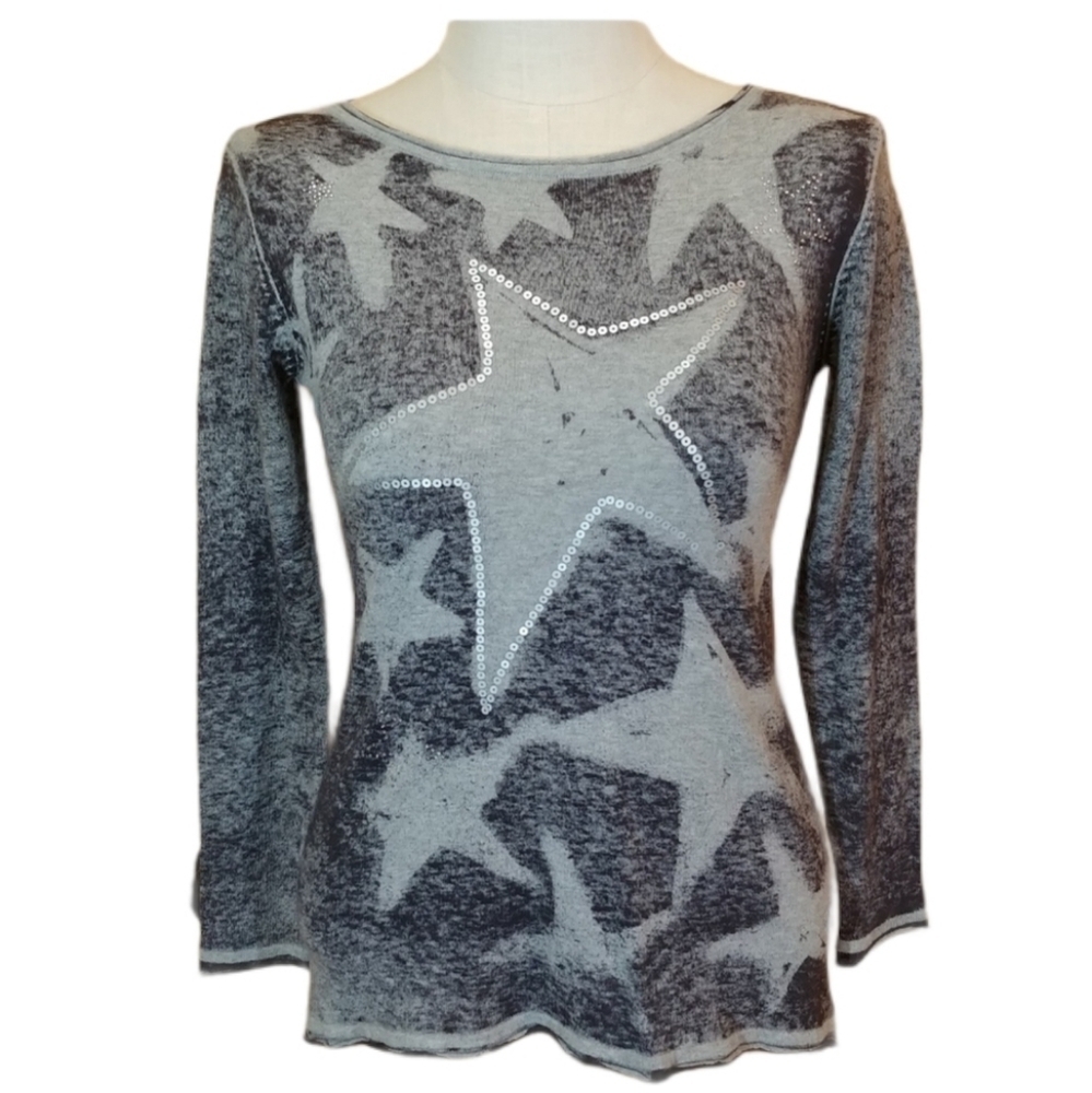 Parkhurst NWT Twyla Star Cotton Sweater S Gray Sequin Details Long Sleeve
